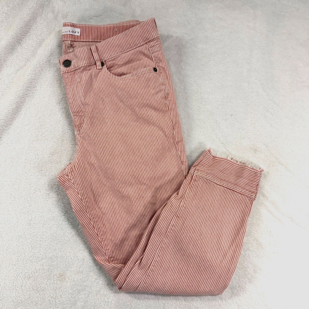 LOFT 12 Modern Skinny Pink White Striped Ankle Pants Raw Hem Preppy Spring Femme